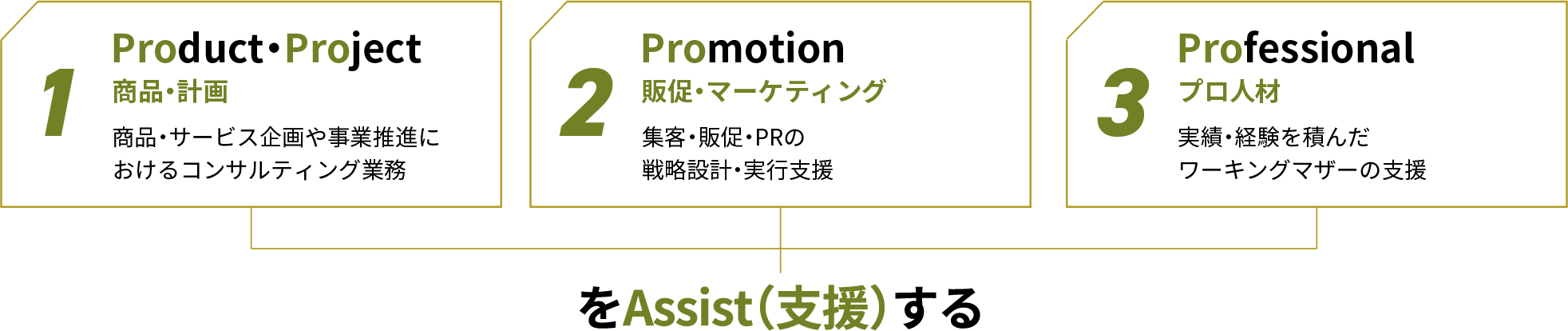 ①Product・Project 商品・計画 商品・サービス企画や事業推進に
                    おけるコンサルティング業務｜②Promotion 販促・マーケティング 集客・販促・PRの戦略設計・実行支援｜③Professional プロ人材 実績・経験を積んだワーキングマザーの支援 をAssist（支援する）